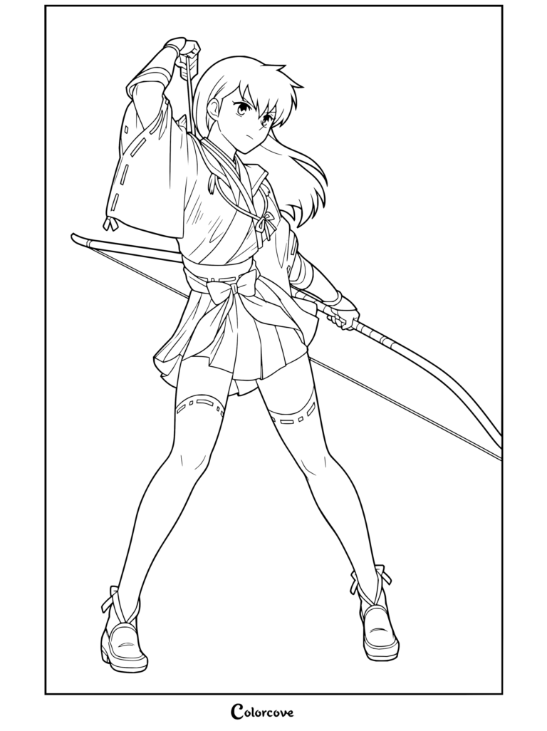 Coloriage Inuyasha de Kagome Higurashi tenant son arc et sa flèche, prête à tirer