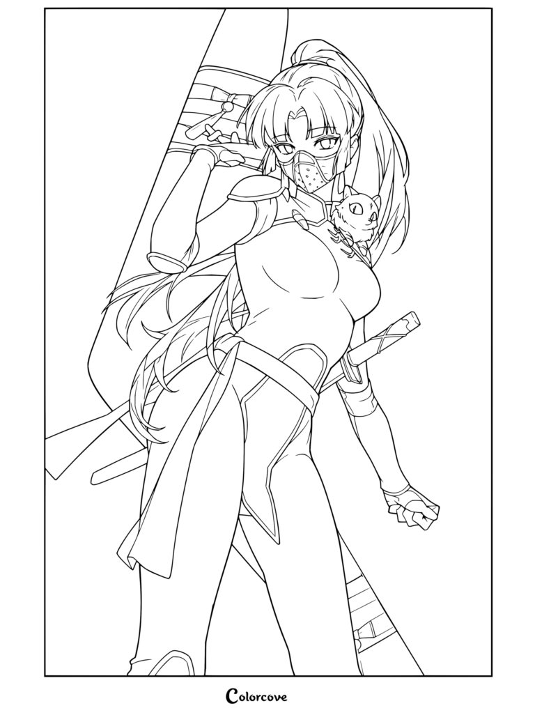 Coloriage Inuyasha de Sango tenant son boomerang géant Hiraikotsu avec Kirara posée sur son épaule