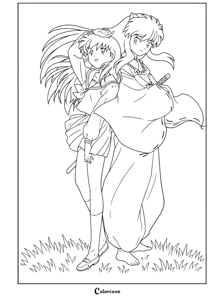 Coloriage de style anime d'Inuyasha et Kagome Higurashi se tenant debout côte à côte
