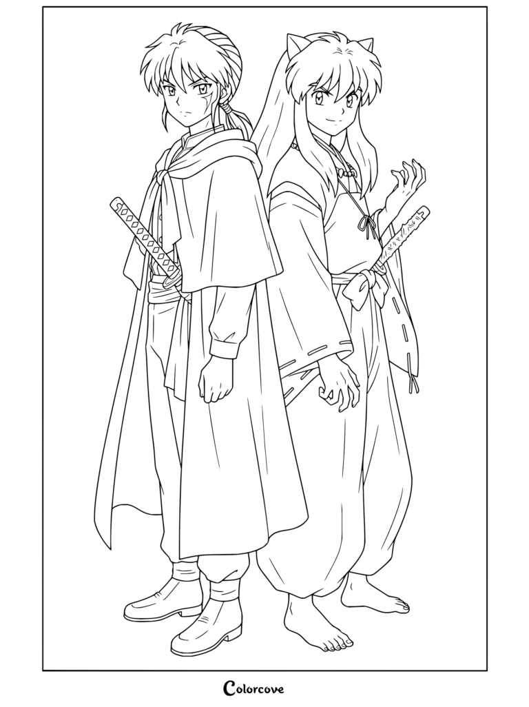 Coloriage à imprimer d'Inuyasha et Bankotsu côte à côte dans le style de l'anime.
