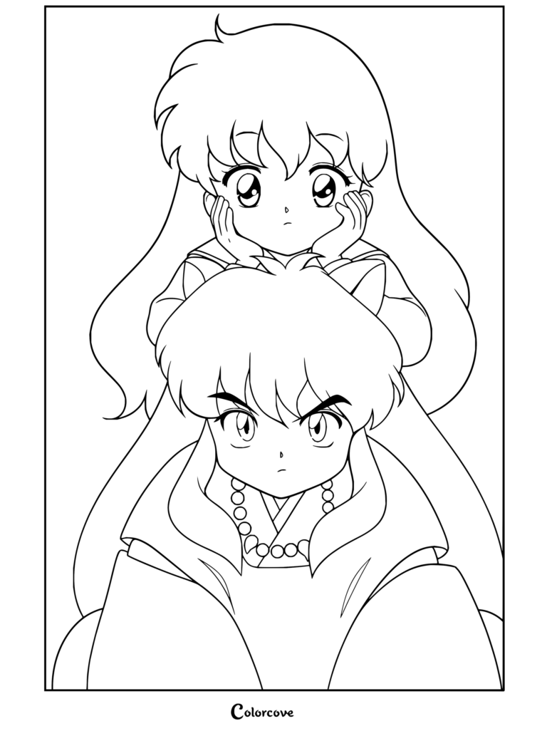 Coloriage de style chibi d'Inuyasha et Kagome dans une pose mignonne.