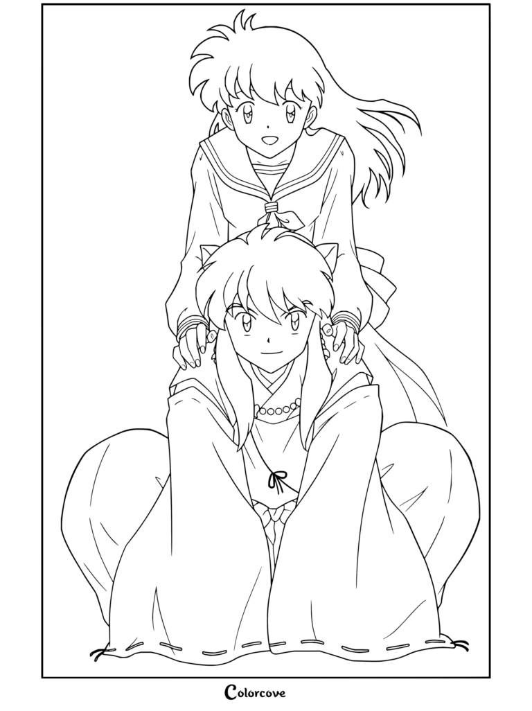 Coloriage d'Inuyasha et Kagome pour un massage des épaules avec les personnages de la série animée