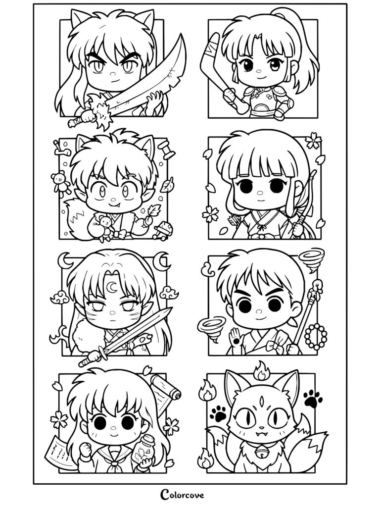 Coloriage sous forme de grille chibi d'Inuyasha avec Tessaiga, Sango, Shippô, Kagome, Sesshômaru, Miroku et Kirara répartis dans des cases.