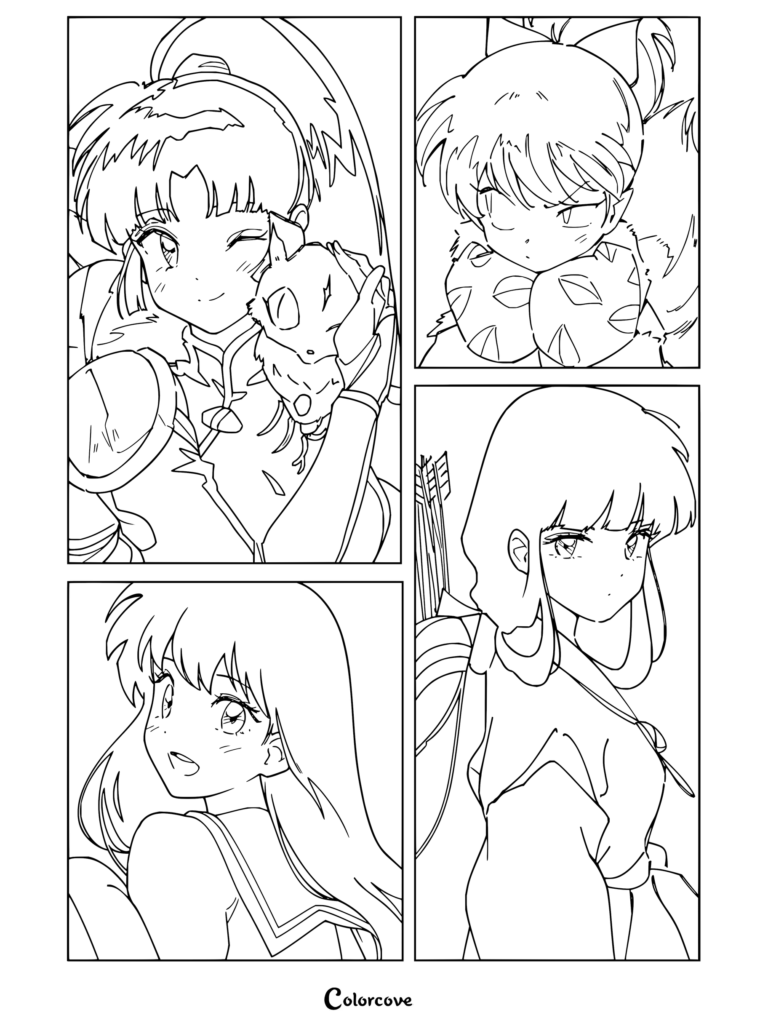 Coloriage pêle-mêle des personnages d'Inuyasha montrant des esquisses de Sango, Kagome, Kikyô et Shippô.