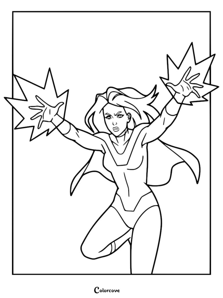 Atom Eve from Invincible mid-flight with pink energy blasts in each hand, high-quality line art coloring page.