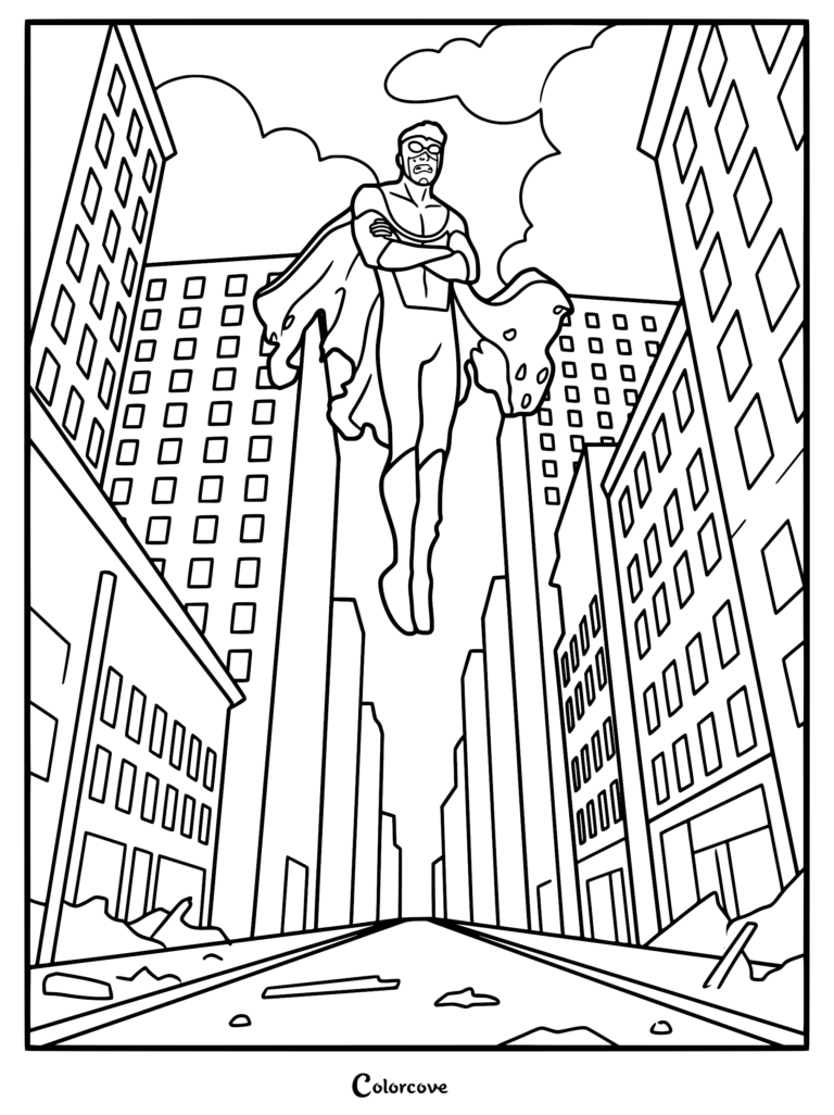 Invincible hovering in the air with arms crossed, high above a destroyed city street, black and white line art coloring page.