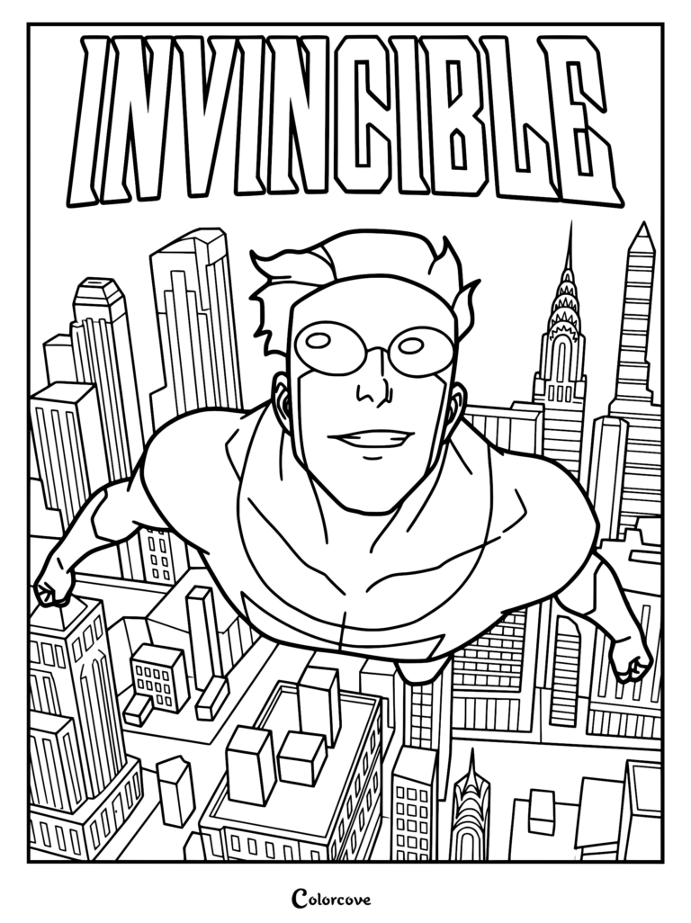 Invincible hero flying over a sprawling metropolitan city skyline in this printable coloring page.