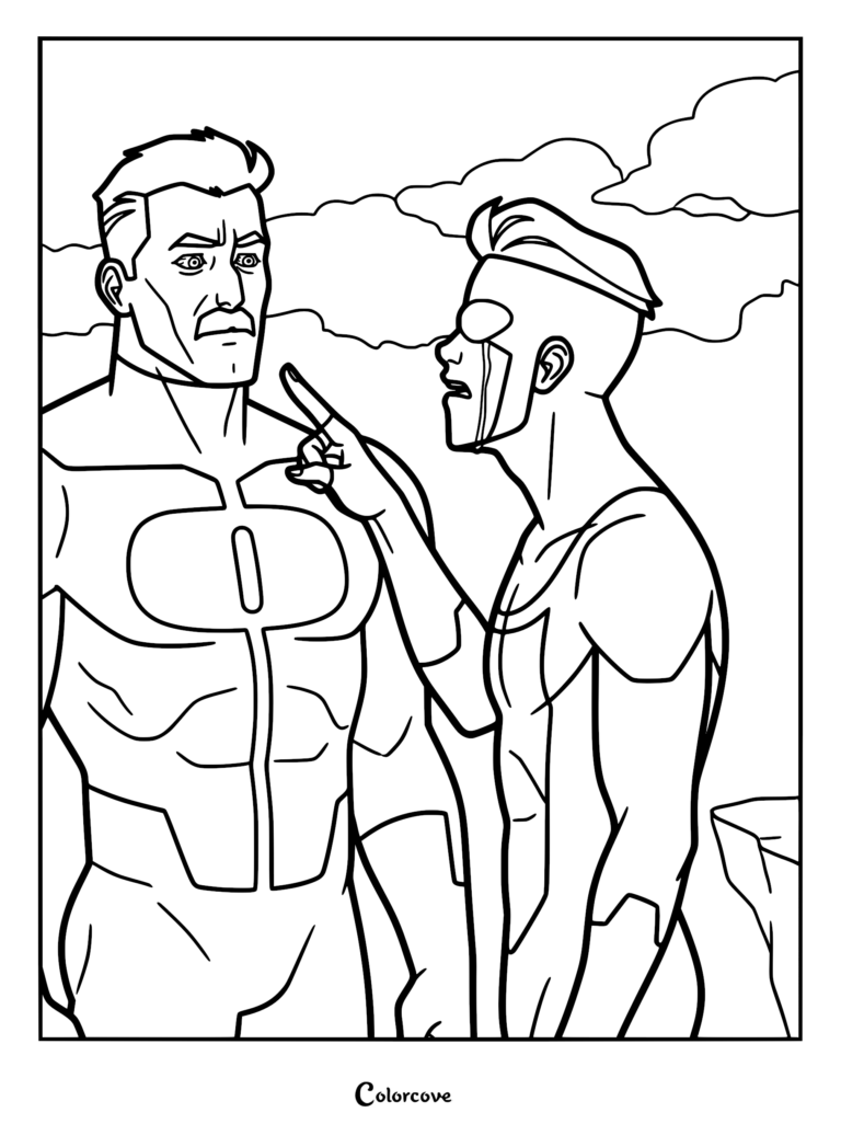 A line art coloring page of Invincible pointing his finger at Omni-Man during their iconic confrontation in the sky.