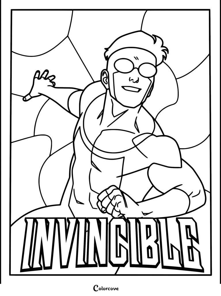 A black and white line art coloring page of Mark Grayson, known as Invincible, flying through the sky with his hand outstretched, featuring the Invincible logo at the bottom.