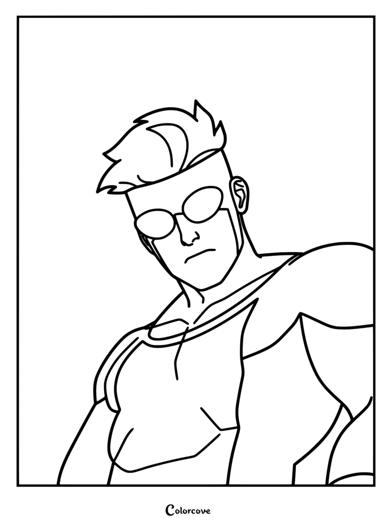 Mark Grayson from Invincible wearing his iconic goggles and suit in a bold line art coloring page style.