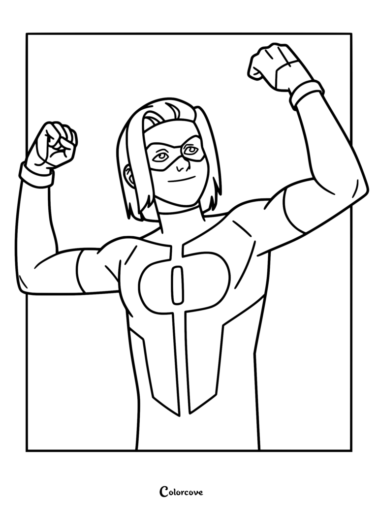 A line art coloring page of Oliver Grayson flexing his biceps while wearing his signature superhero suit with the O logo.