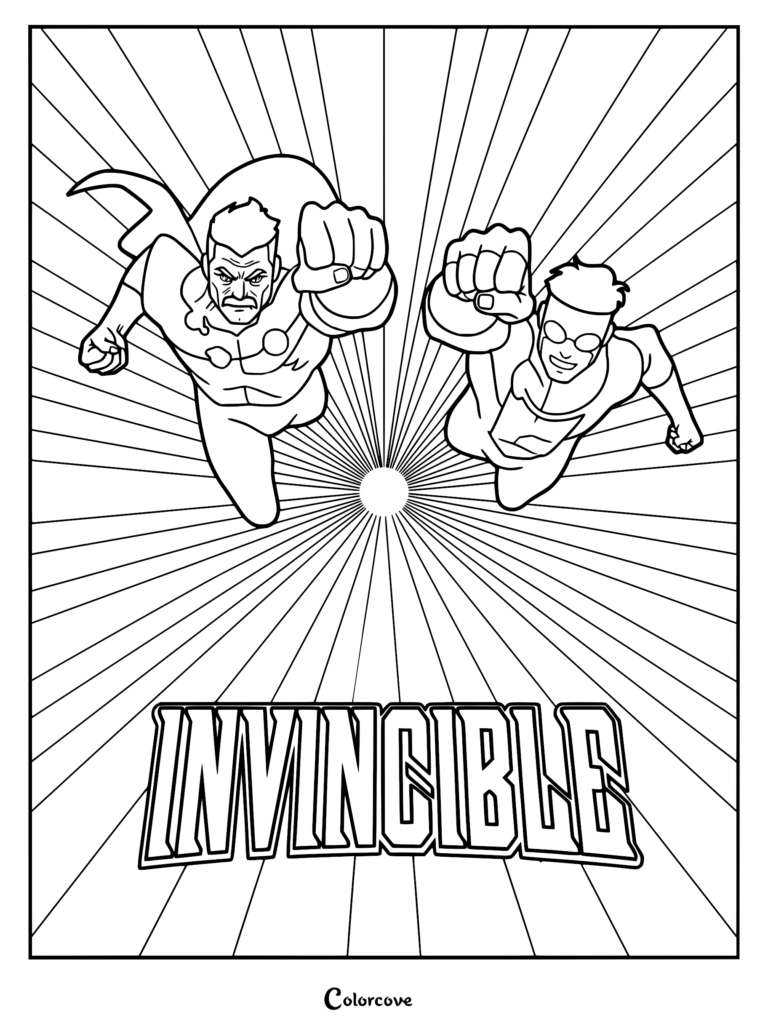 Omni-Man and Invincible flying forward with fists raised in a dynamic line art coloring page with a sunburst background and the Invincible logo at the bottom.