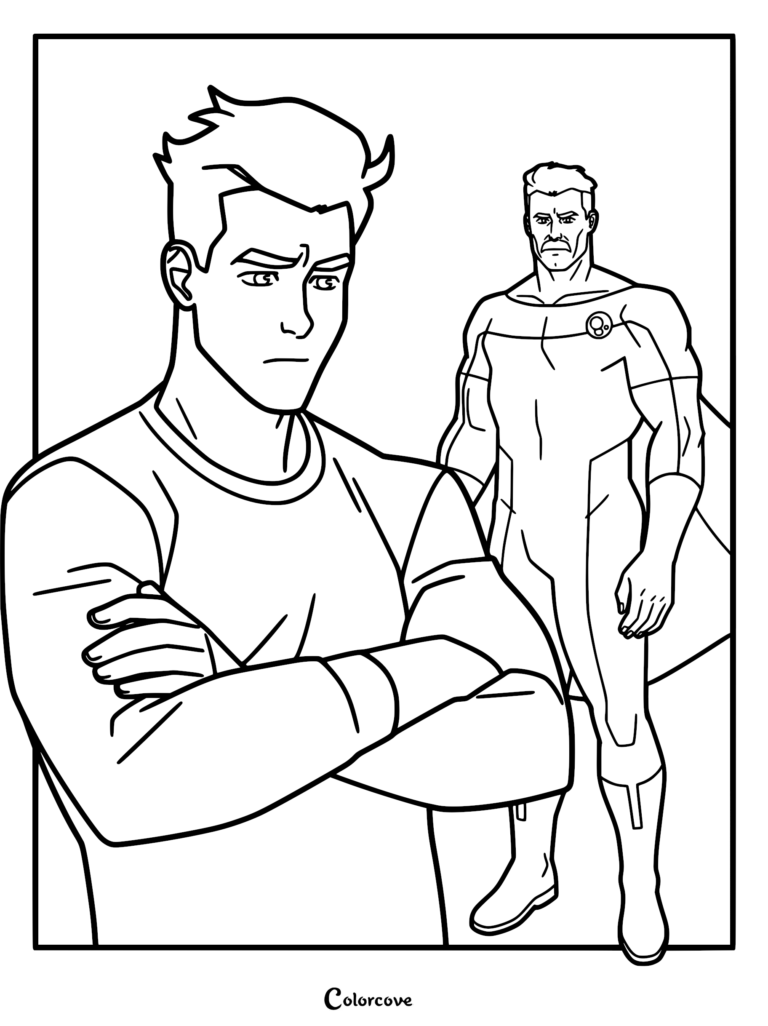 A printable coloring page featuring Mark Grayson with arms crossed in the foreground, with his father Omni-Man standing stoically in the background.