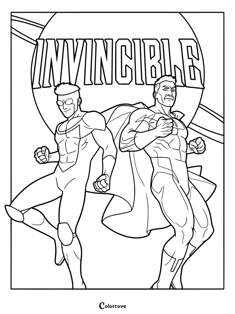 Invincible and Omni-Man posing back-to-back in front of the Invincible logo and planetary rings in this superhero coloring page.