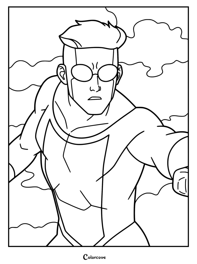 Mark Grayson in his Invincible superhero suit wearing round goggles, illustrated as a high-quality line art coloring page.