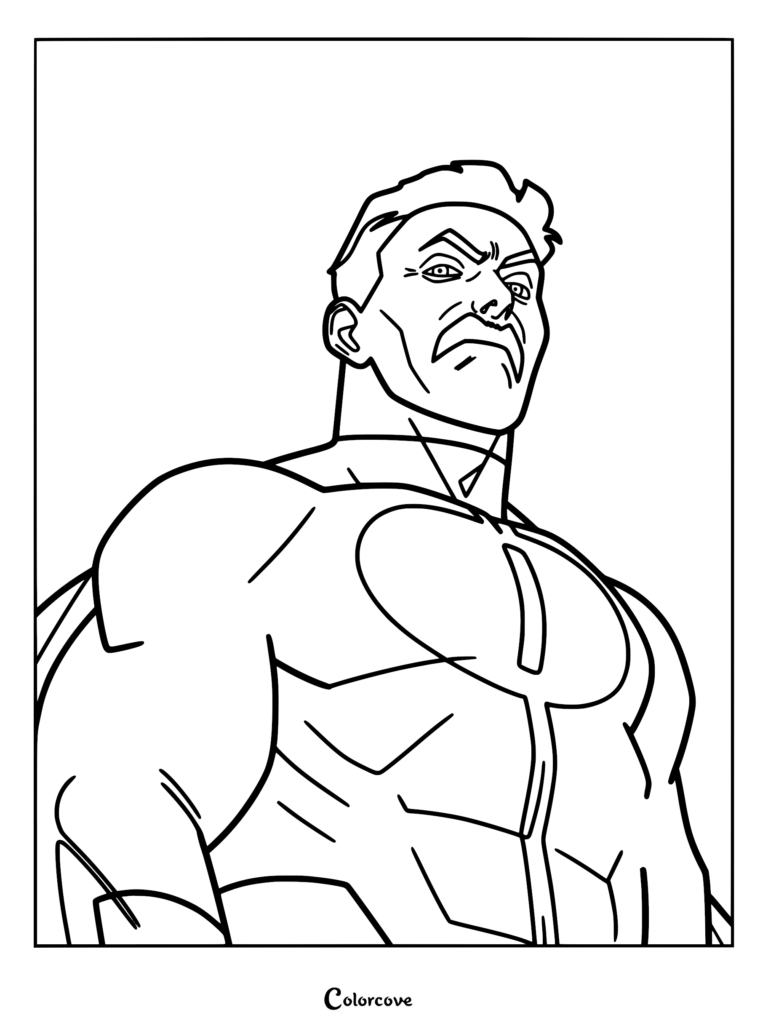 A bold line art coloring page of Omni-Man looking down with a stern expression, showcasing his powerful physique and superhero suit.