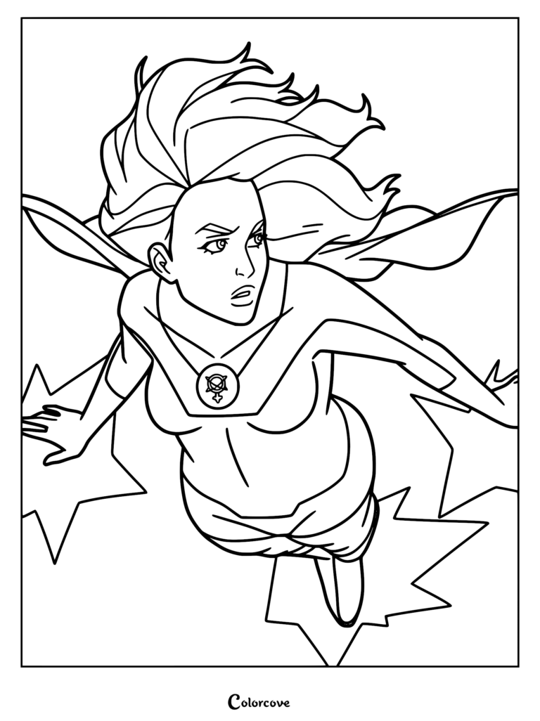 Atom Eve from Invincible flying with flowing hair and cape, a high-quality line art coloring page suitable for print.