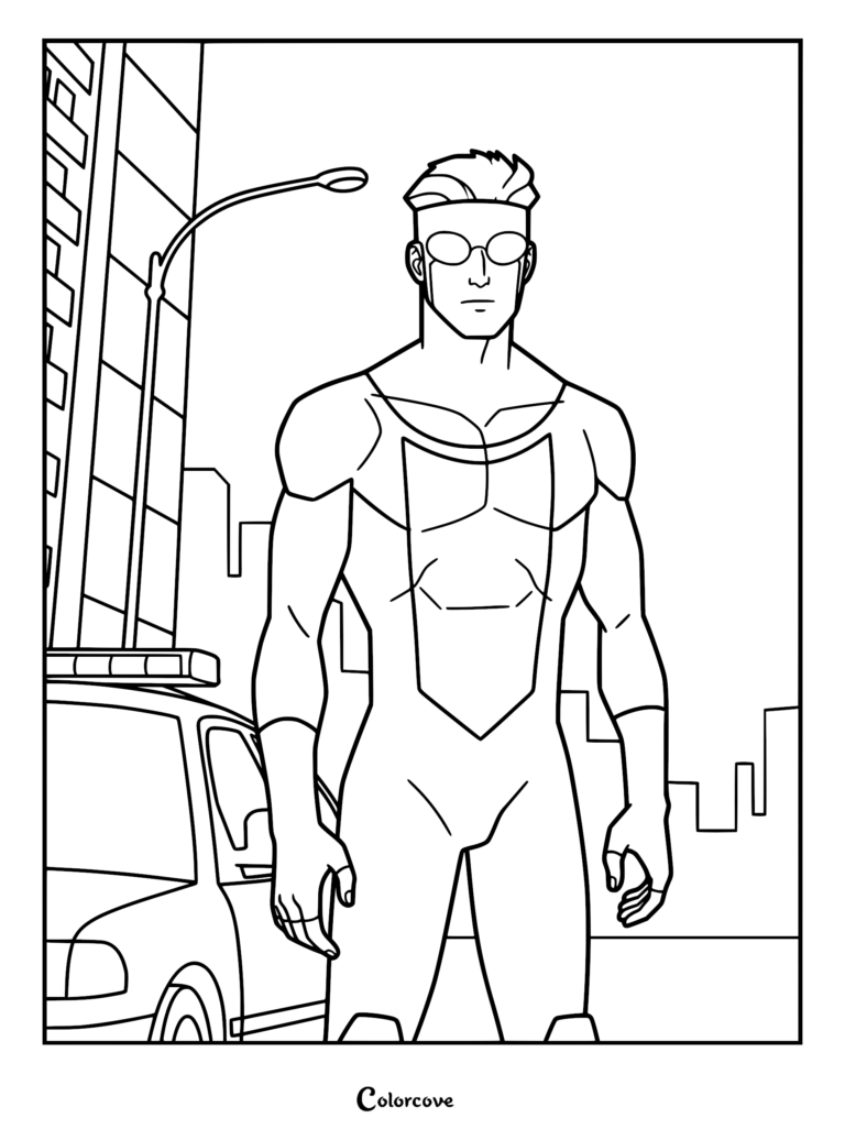 Mark Grayson, known as Invincible, standing in a city street next to a police car, line art coloring page.