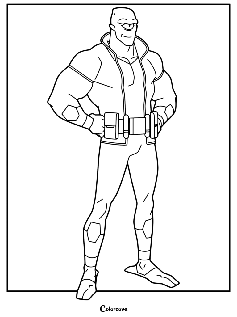 Allen the Alien from Invincible standing with hands on hips, wearing a utility belt and collared suit in this detailed line art coloring page.