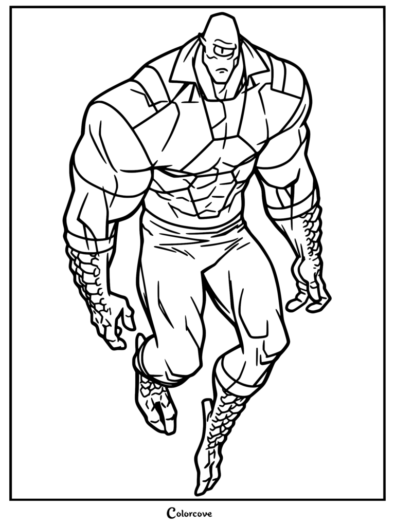 A printable coloring page of Allen the Alien from Invincible, featuring his muscular build, single eye, and textured scaly forearms and boots.