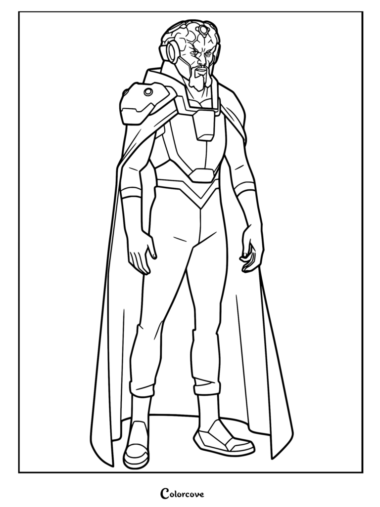 A detailed line art coloring page of Angstrom Levy from Invincible, featuring his signature dome-shaped brain apparatus, armor plating, and long flowing cape.