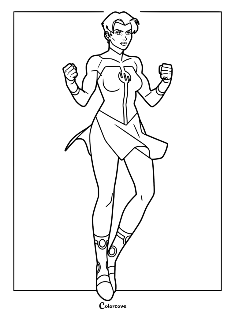 Anissa from Invincible in a heroic pose, wearing her signature superhero suit with gauntlets and boots, black and white line art coloring page.