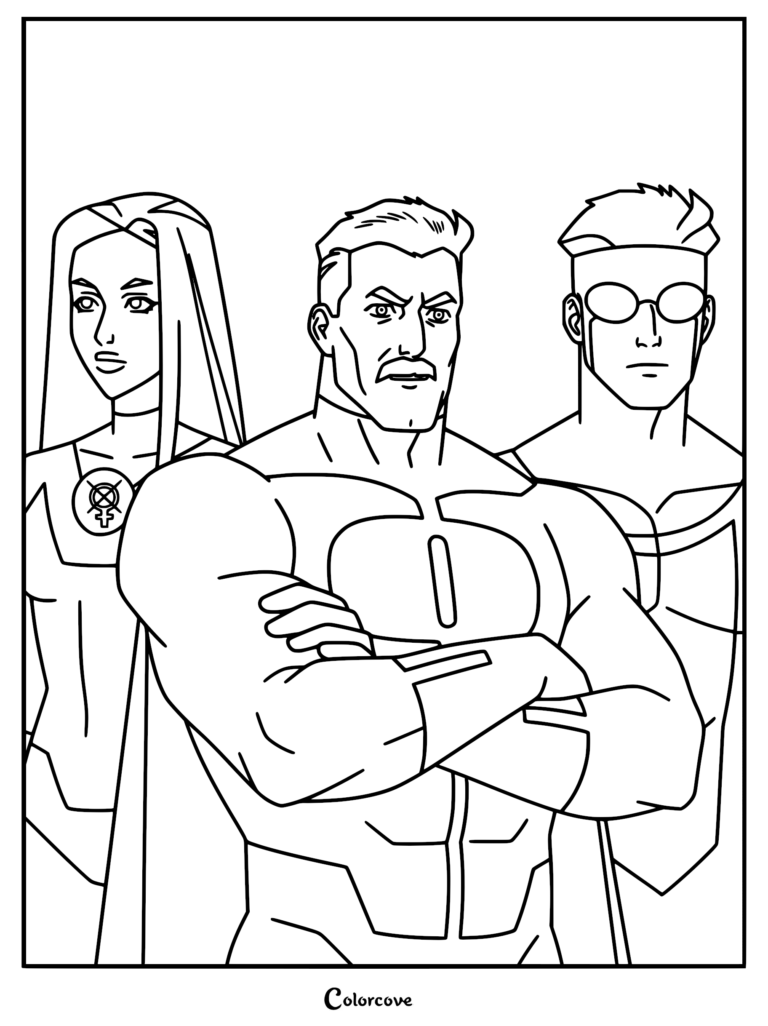 Atom Eve, Omni-Man, and Invincible standing together in a line art coloring page style.