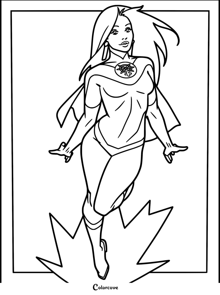 Atom Eve from Invincible floating above a burst of energy, featured in a detailed line art coloring page for fans.