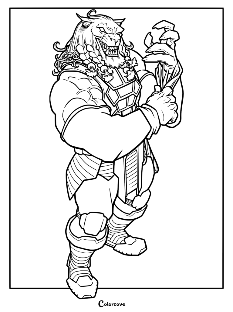 Detailed line art coloring page of Battle Beast from Invincible, featuring his lion-like mane, braided facial hair, armored chest plate, and sharp clawed hands.