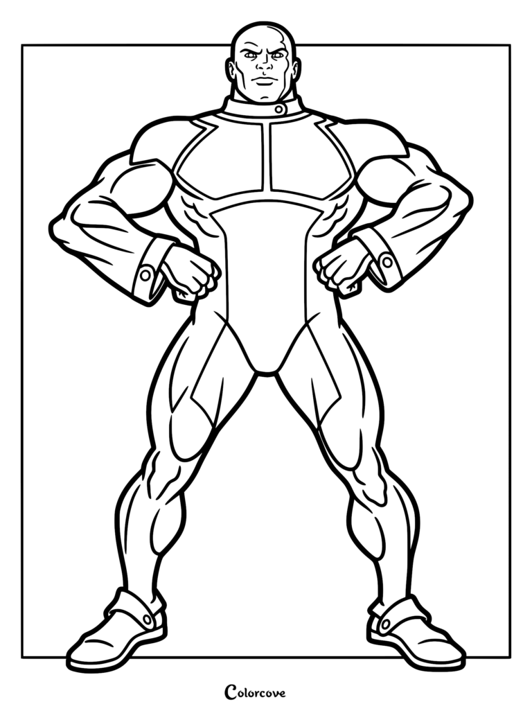 Black Samson from Invincible standing in a heroic pose with hands on hips, detailed line art superhero coloring page.