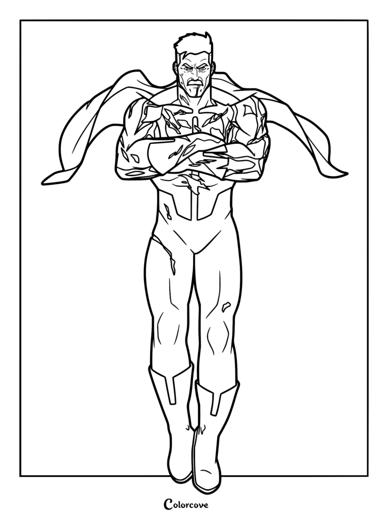 Omni-Man floating with arms crossed in a battle-damaged suit, black and white line art coloring page.