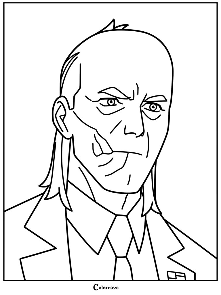 Printable coloring page featuring a close-up portrait of Cecil Stedman from Invincible with his signature facial scar and slicked-back hair.