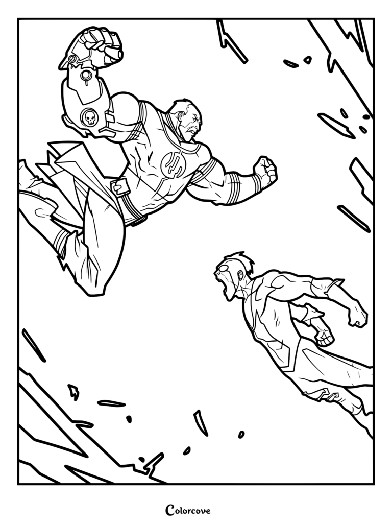 A detailed coloring page depicting a fierce aerial battle between the powerful Viltrumite Conquest, shown with his robotic arm, and Invincible, who is lunging toward him with an intense expression.