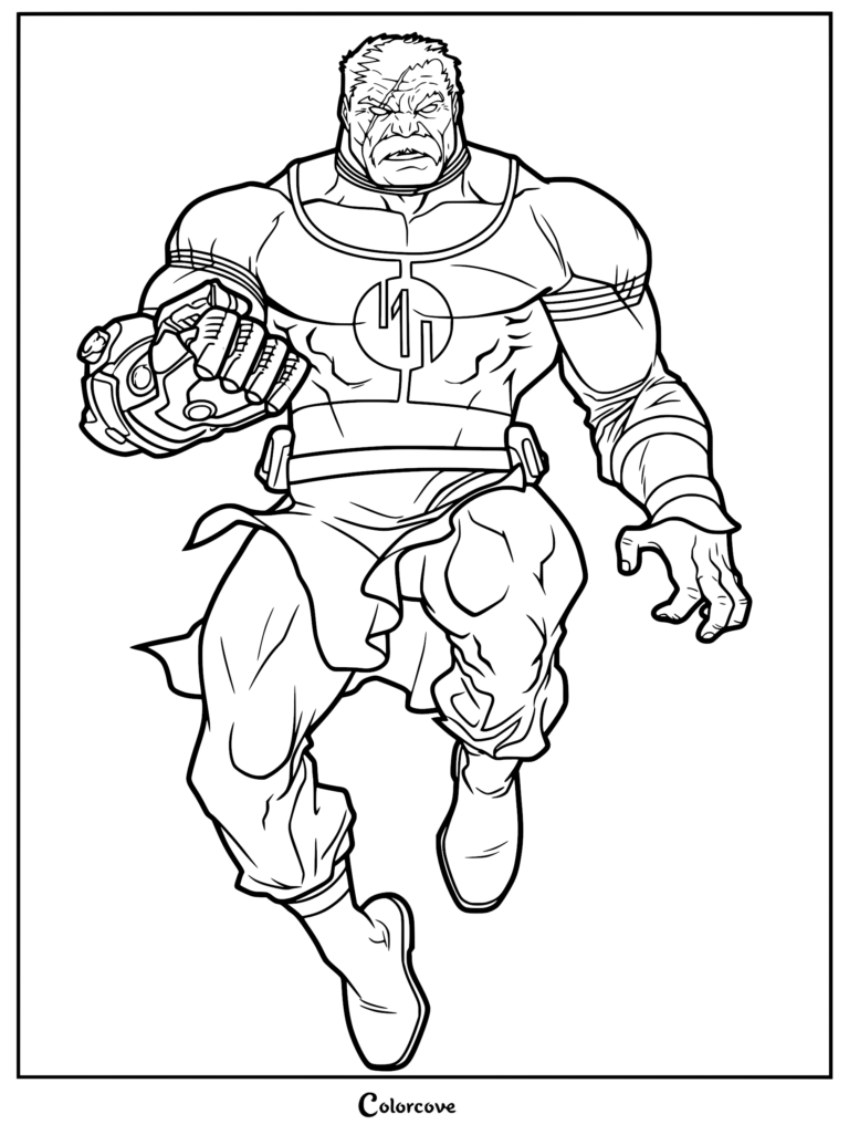 Detailed coloring page of Conquest from Invincible, showing the muscular Viltrumite in a dynamic leap with his cybernetic arm and armored uniform.