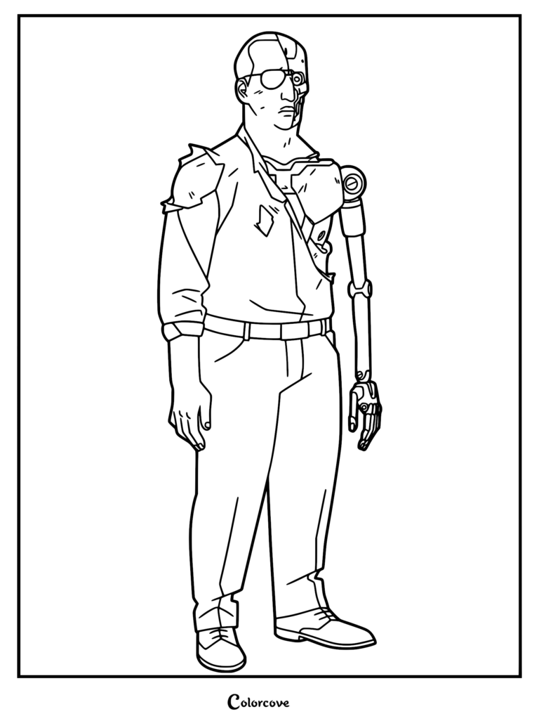 Donald Ferguson from Invincible with his cybernetic arm and facial damage standing in a pose, high-quality coloring page line art.