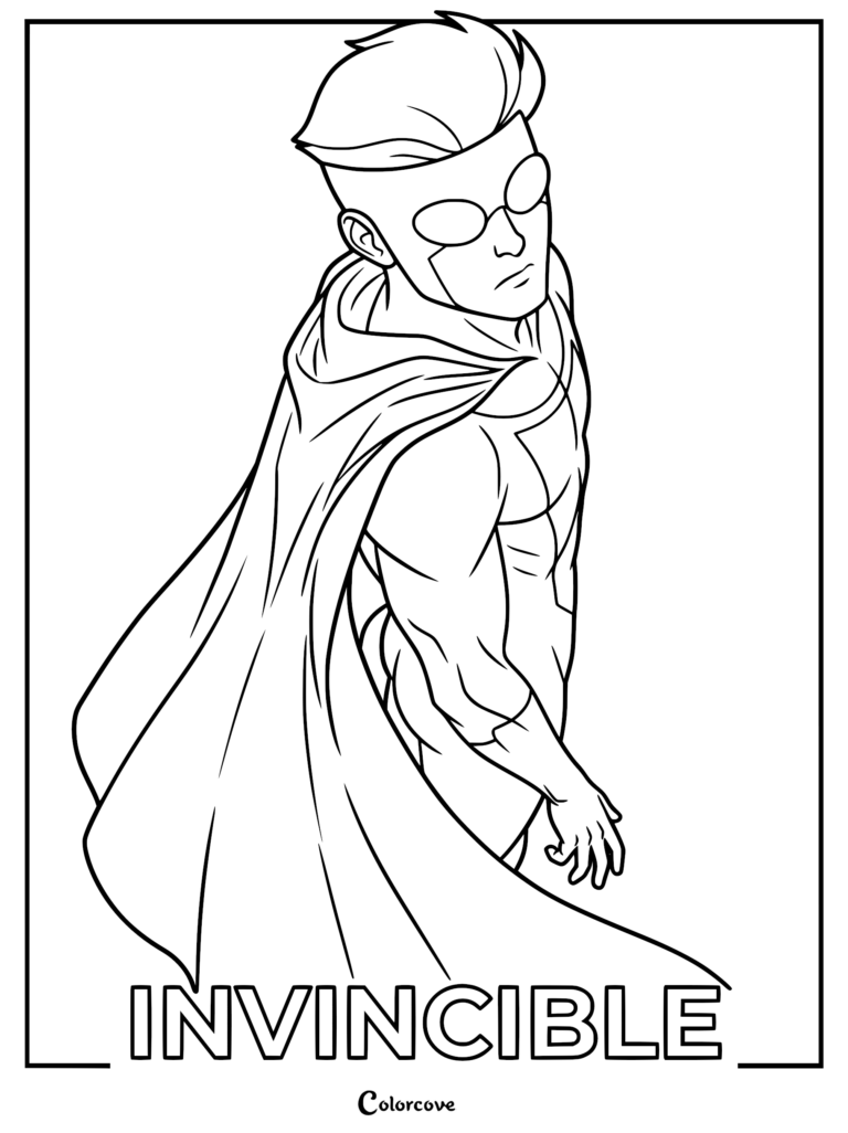 A black and white line art coloring page featuring Mark Grayson as Invincible wearing his iconic mask, cape, and suit, looking over his shoulder.