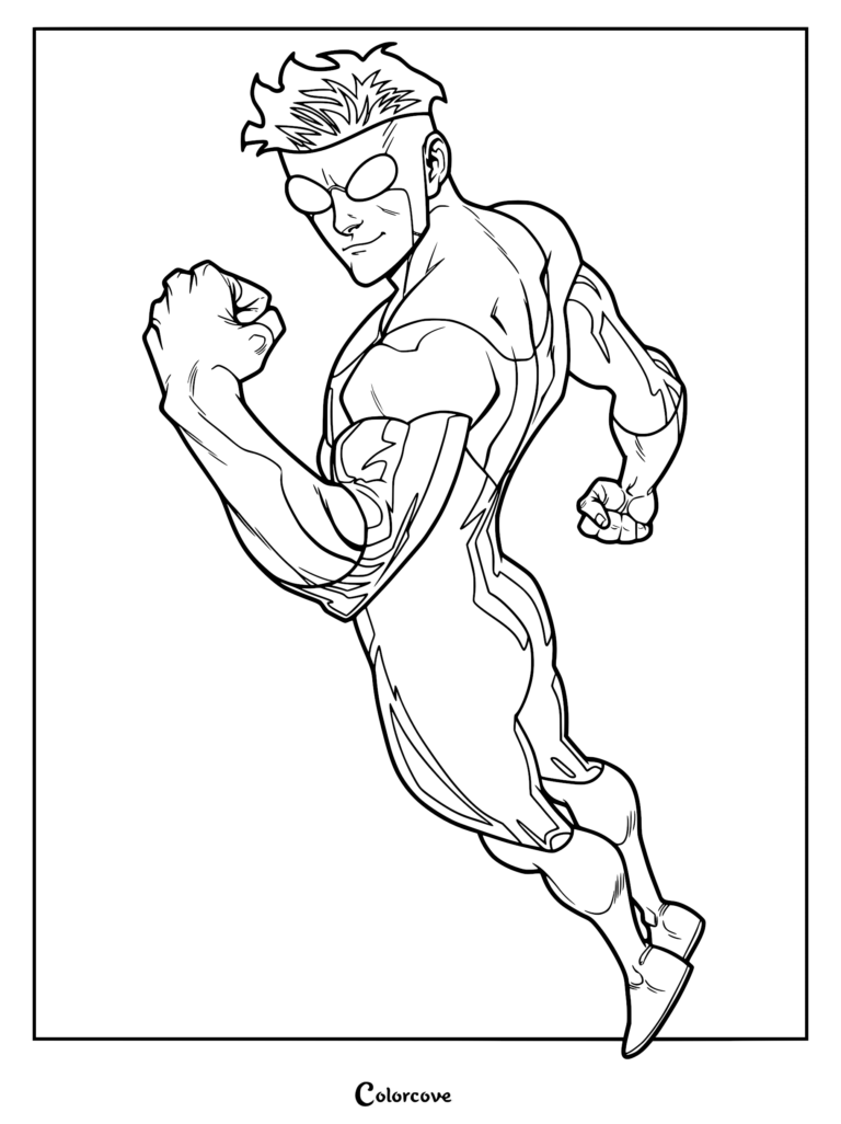 A detailed line art coloring page of Mark Grayson, known as Invincible, in his classic yellow and blue superhero suit, flying forward with a determined look.