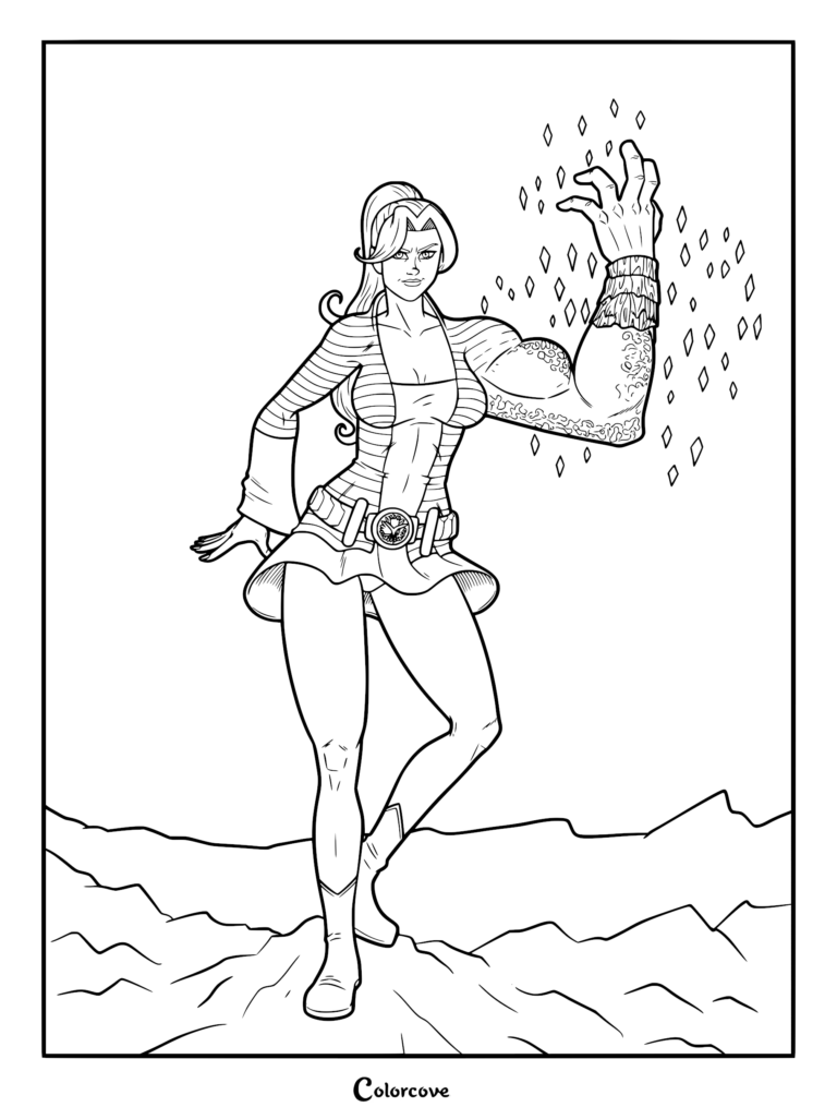 Monster Girl from Invincible displaying her super strength with a giant, textured arm while summoning floating diamond shards in this printable coloring page.