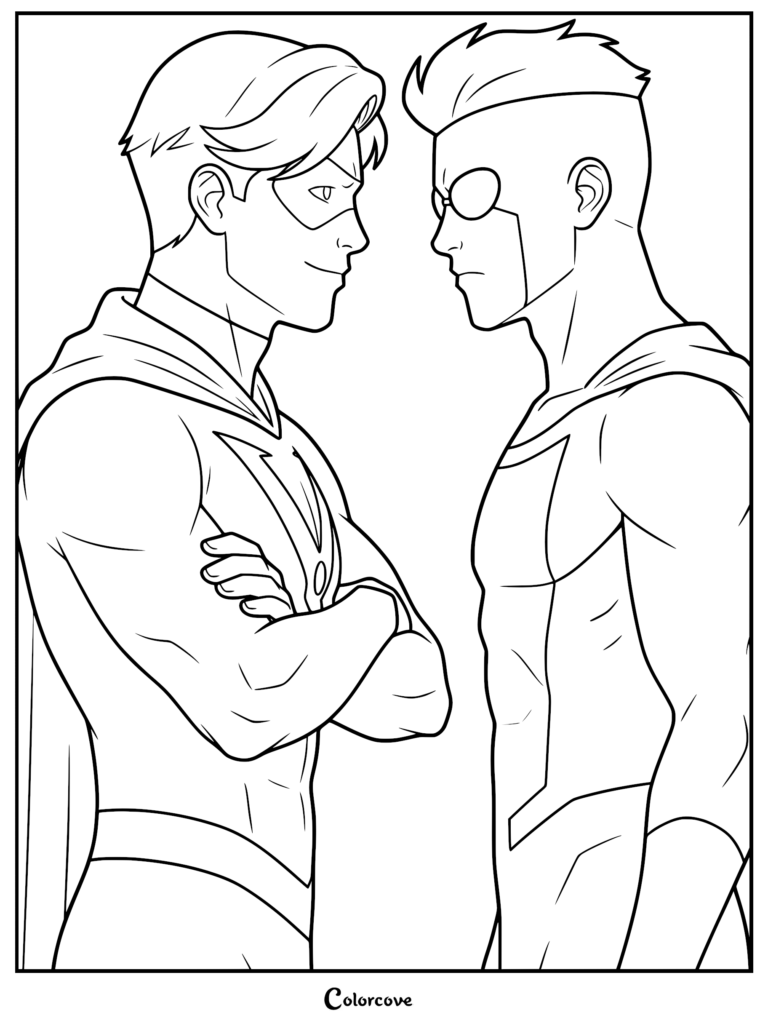 Detailed line art coloring page featuring Omni-Mark with arms crossed facing off against Mark Grayson, known as Invincible, in their superhero suits.