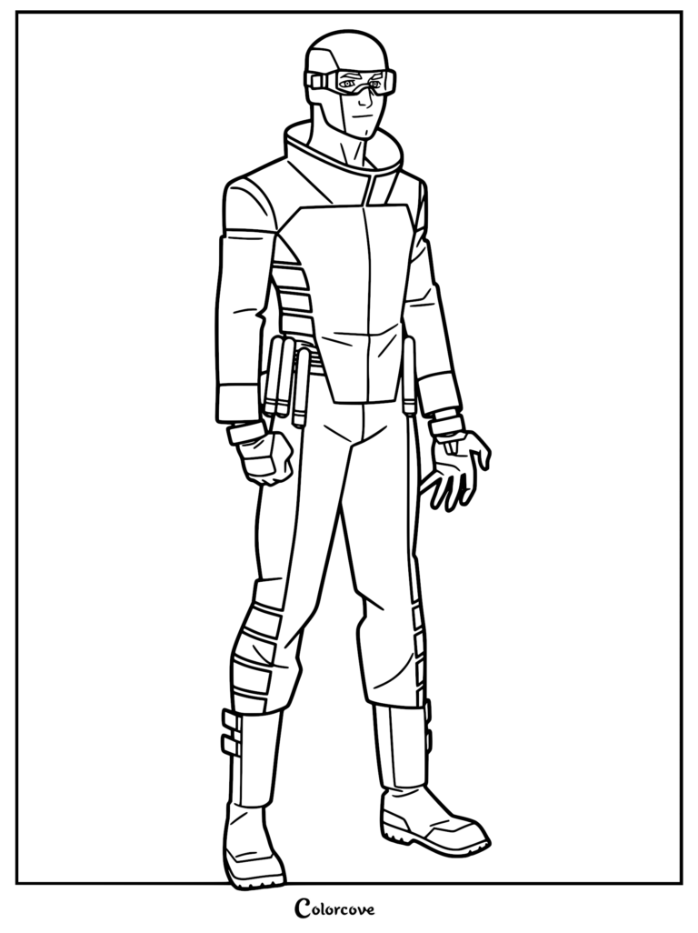 Rex Splode from Invincible wearing his hero suit with goggles and gloves, standing in a classic pose, printable coloring page.