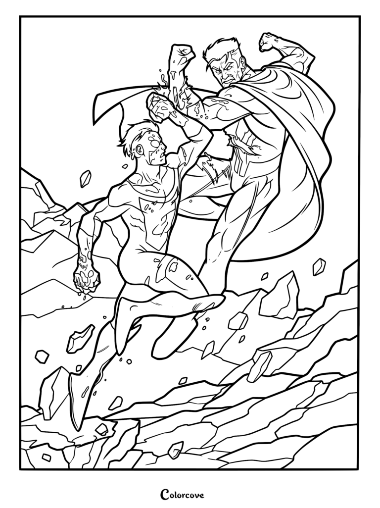 A high-contrast black and white line art coloring page depicting Omni-Man mid-air throwing a punch at Invincible during a chaotic battle amidst floating debris.