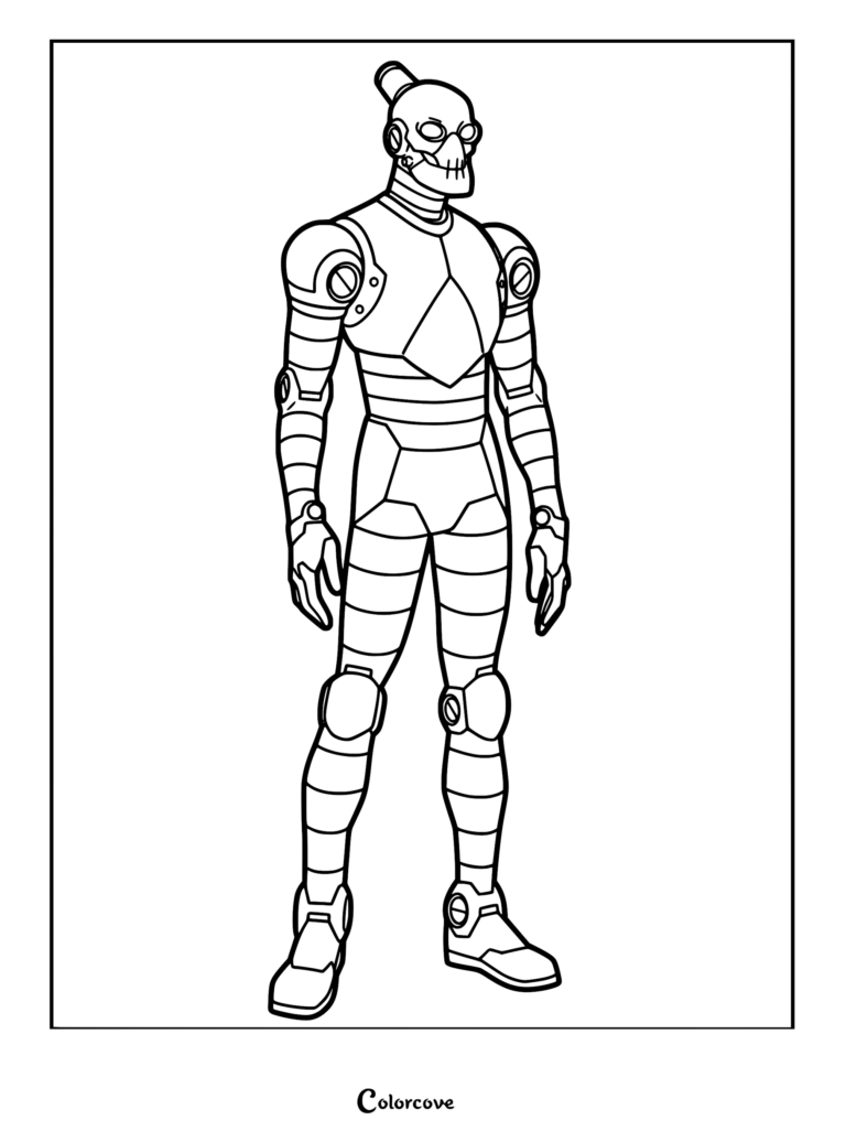 A printable coloring page featuring the Robot character from Invincible, showcasing his mechanical suit, skeletal jaw plate, and segmented robotic limbs in a standing pose.