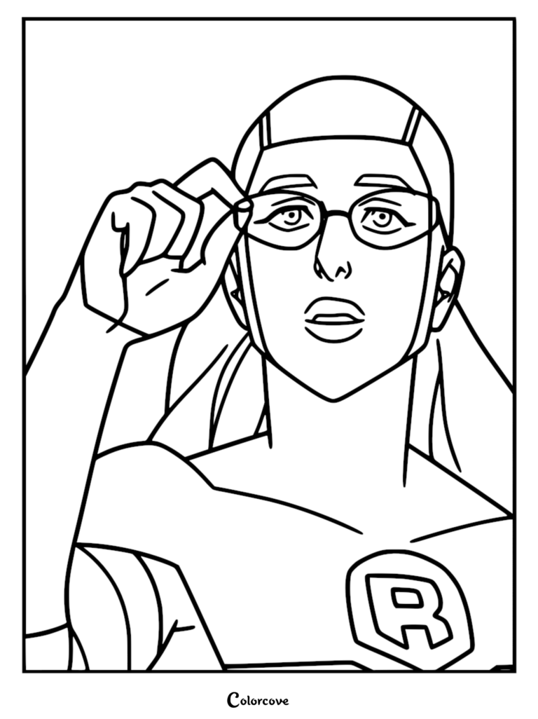 A black and white line art coloring page of Shrinking Rae from Invincible adjusting her glasses while wearing her hero suit with the letter R on her chest.