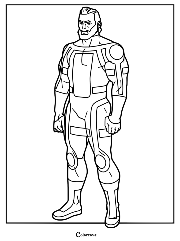 The Immortal superhero standing in a powerful pose, featuring his signature futuristic armor suit in this detailed printable coloring page.