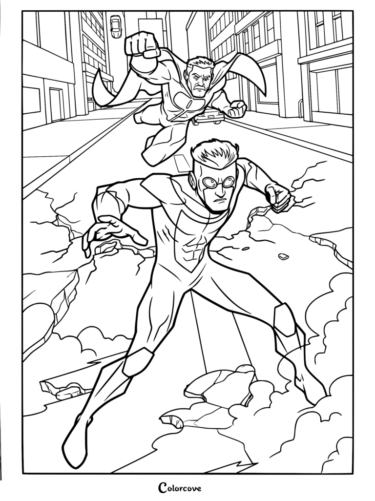 A detailed coloring page of Invincible landing on cracked city pavement while Omni-Man flies in pursuit above him.