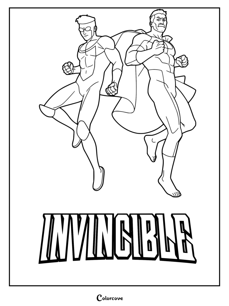 Invincible and Omni-Man standing back-to-back in superhero poses, a line art coloring page featuring Mark Grayson and Nolan Grayson in their iconic costumes.