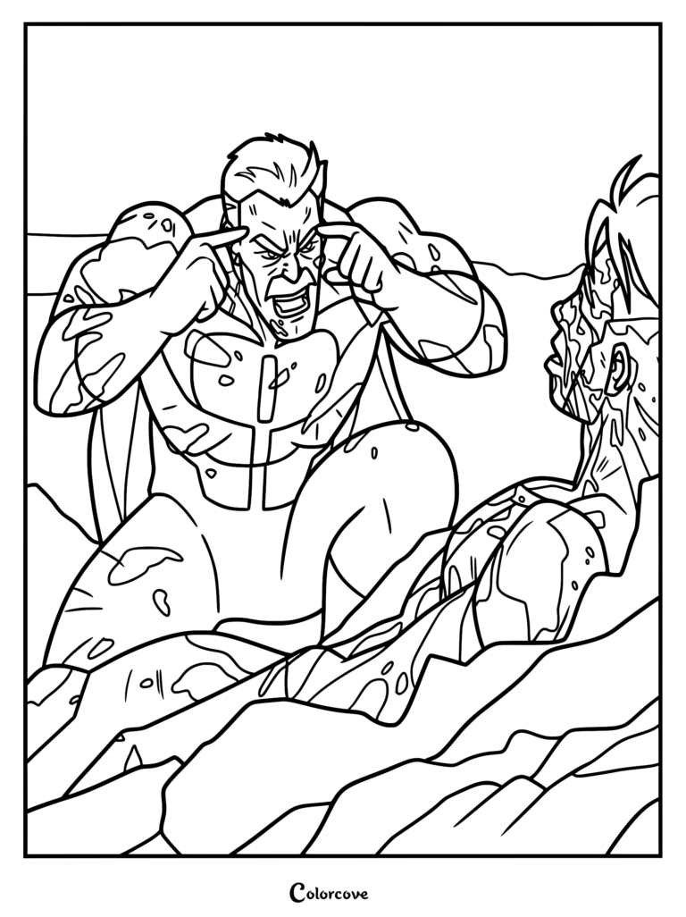 Omni-Man yelling at a beaten Invincible while tapping his head in this iconic Invincible show line art coloring page.