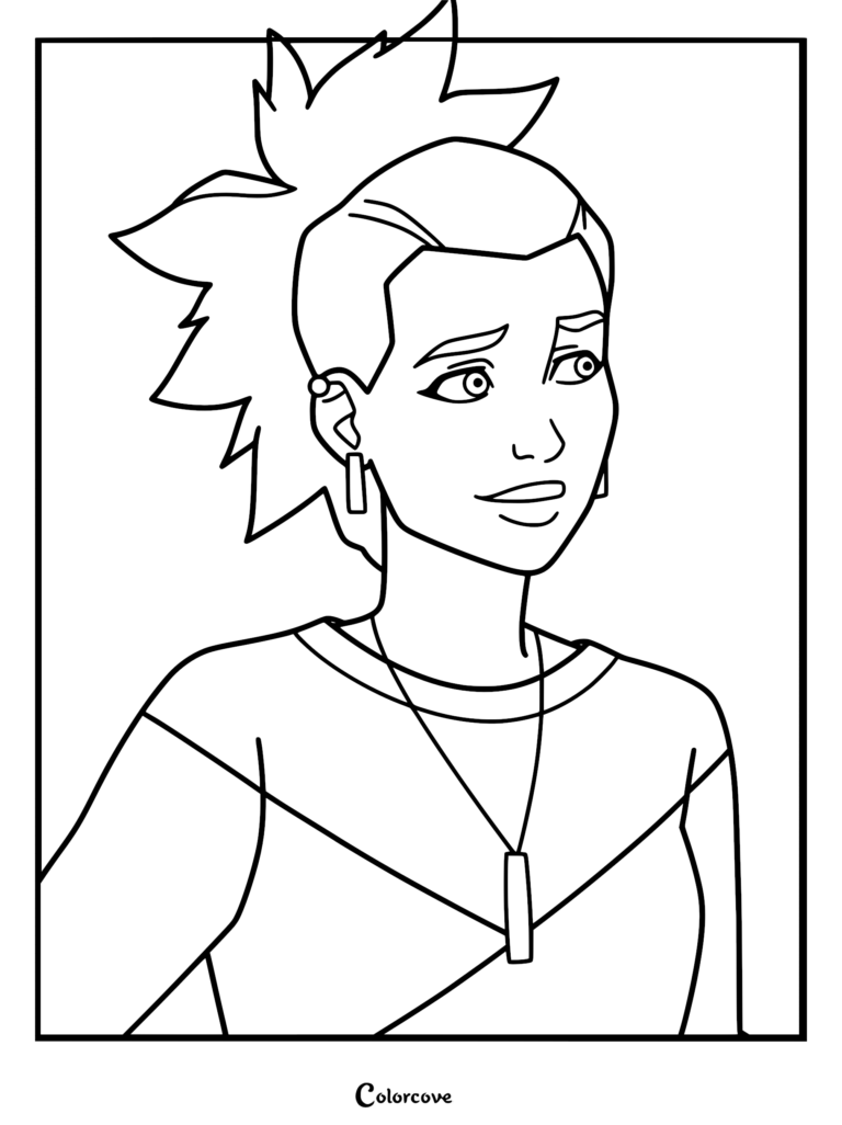 A detailed Invincible coloring page featuring Amber Bennett with her signature spiky mohawk hairstyle and rectangular earrings.