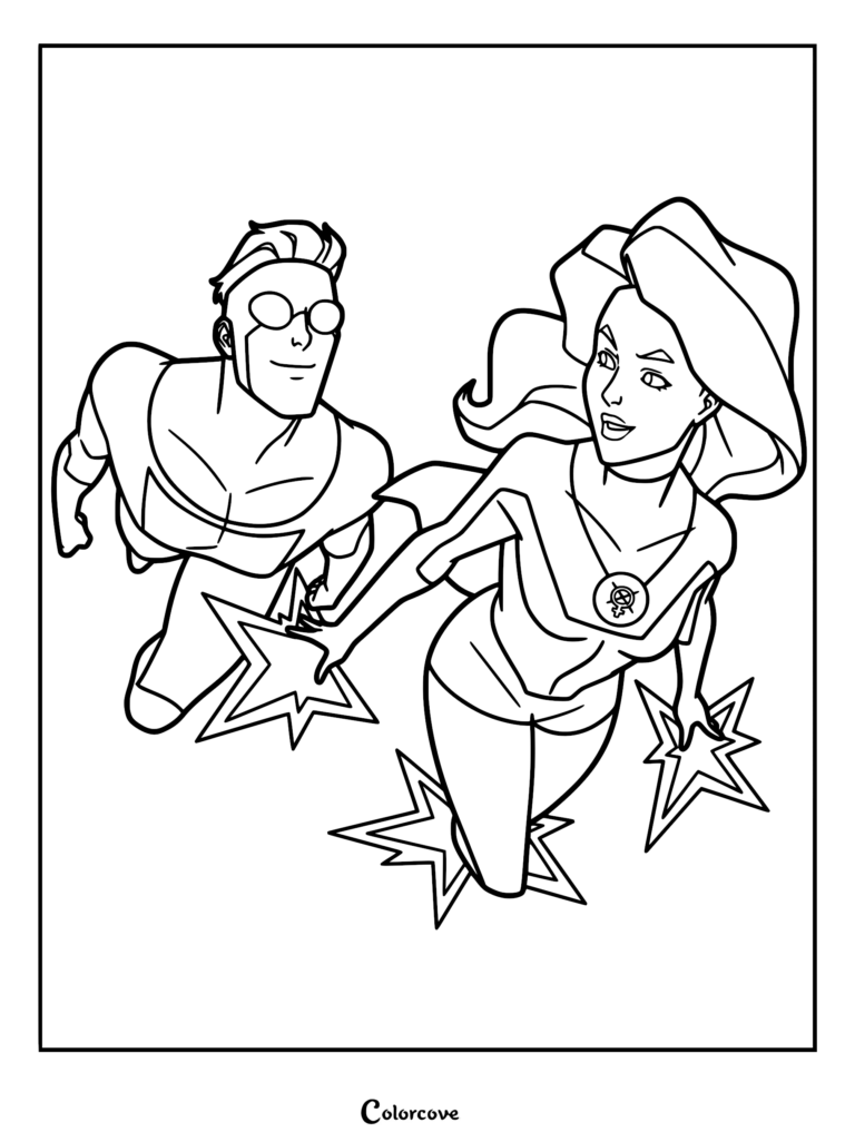 Invincible and Atom Eve flying side-by-side with star-shaped energy effects in this black and white line art coloring page.