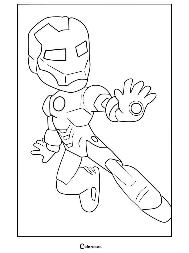 Dibujo para colorear de Iron Man Chibi volando con el rayo repulsor de la palma cargado.